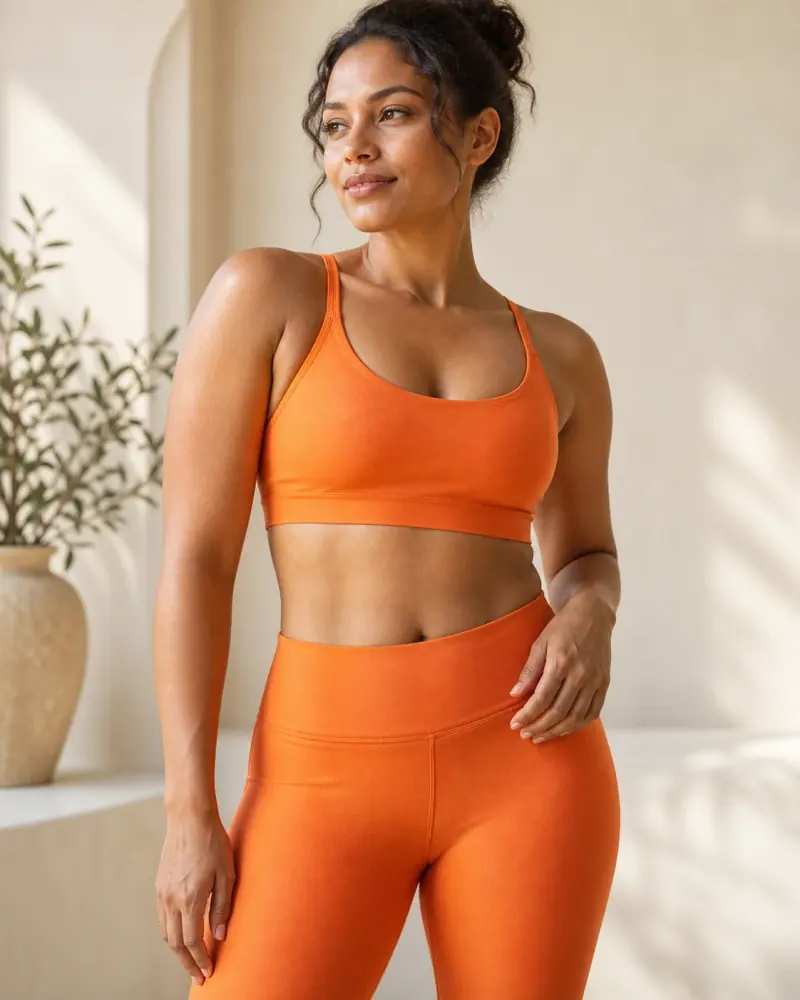 Woman in orange activewear standing in a sunlit cream studio